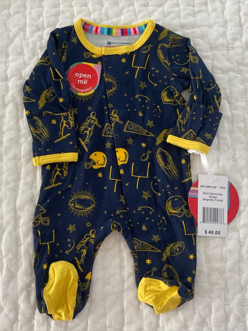 NWT Magnetic Me Blue Game Day Football Print Magnetic Footie Size Preemie